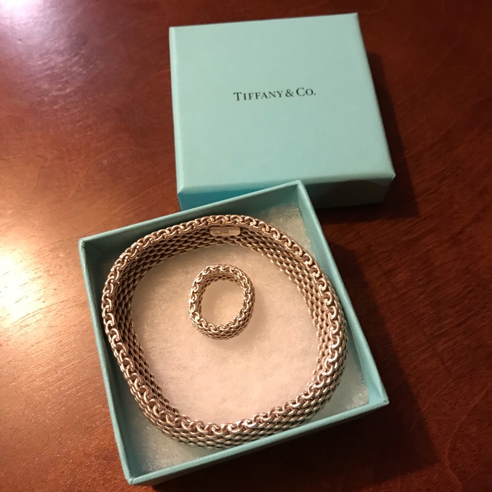 TIFFANY AND CO MESH SILVER BRACELET AND RING SET..